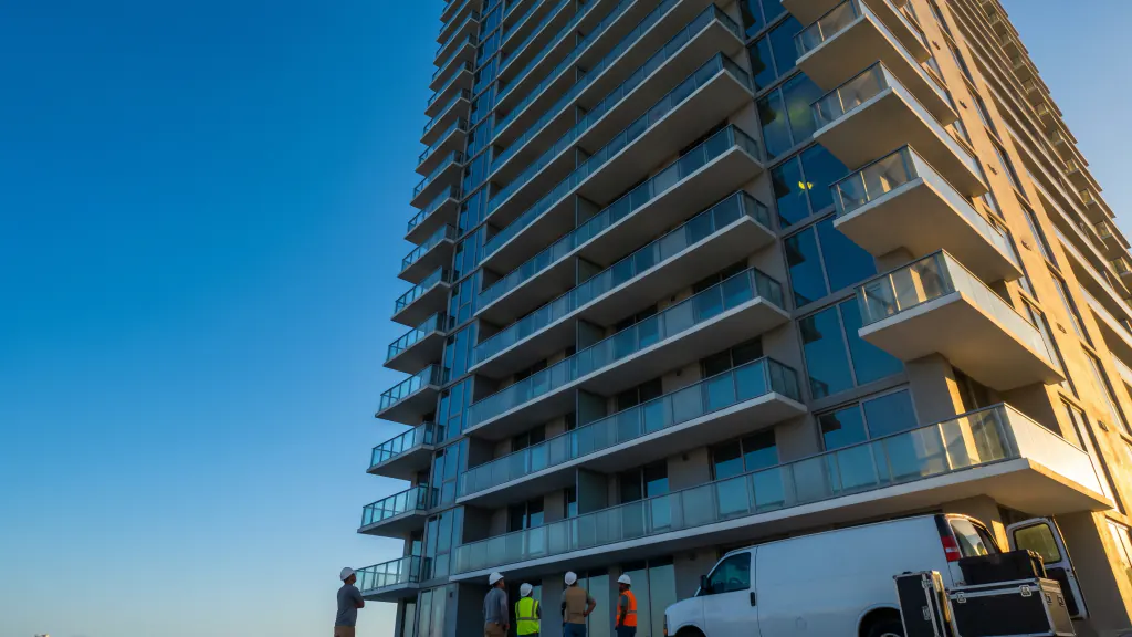 Looking up a residential high-rise with glass balconies at golden hour, a work van and crew at its base.