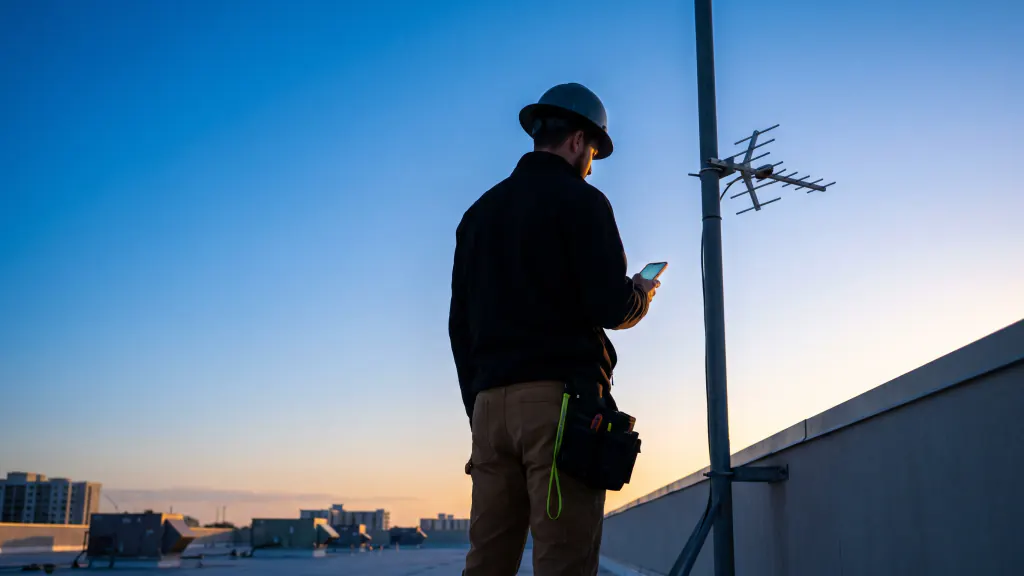 An installer on a rooftop at sunrise checks a phone beside an antenna mast.
