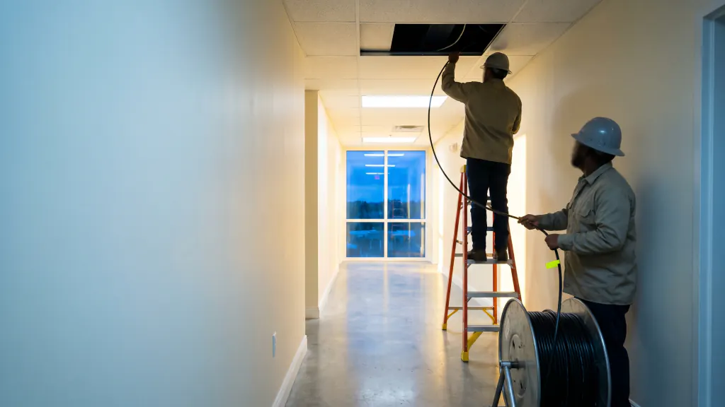 Two installers pull coax cable into a corridor ceiling from a ladder.