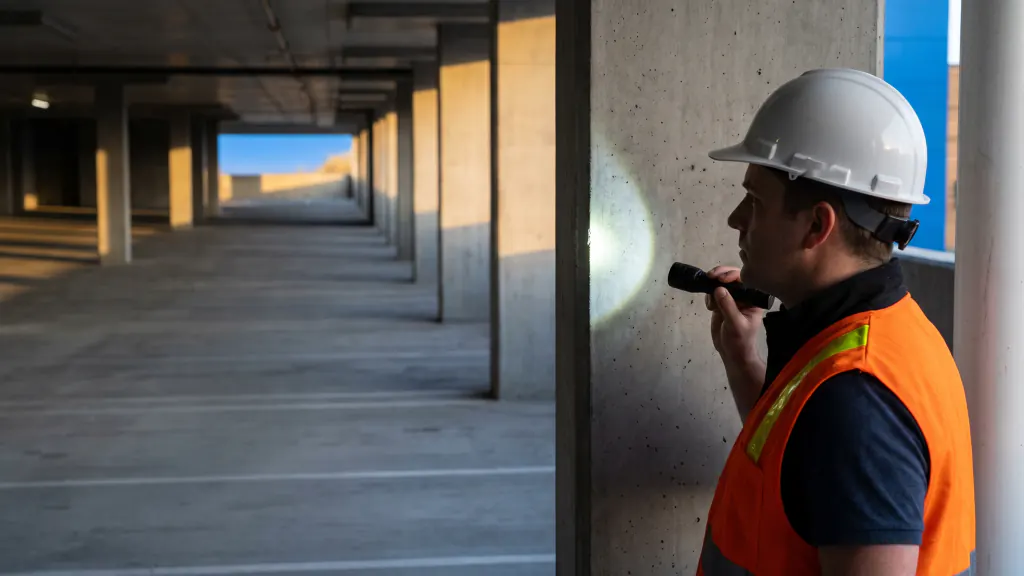 An engineer in a hard hat inspects a garage column with a flashlight.