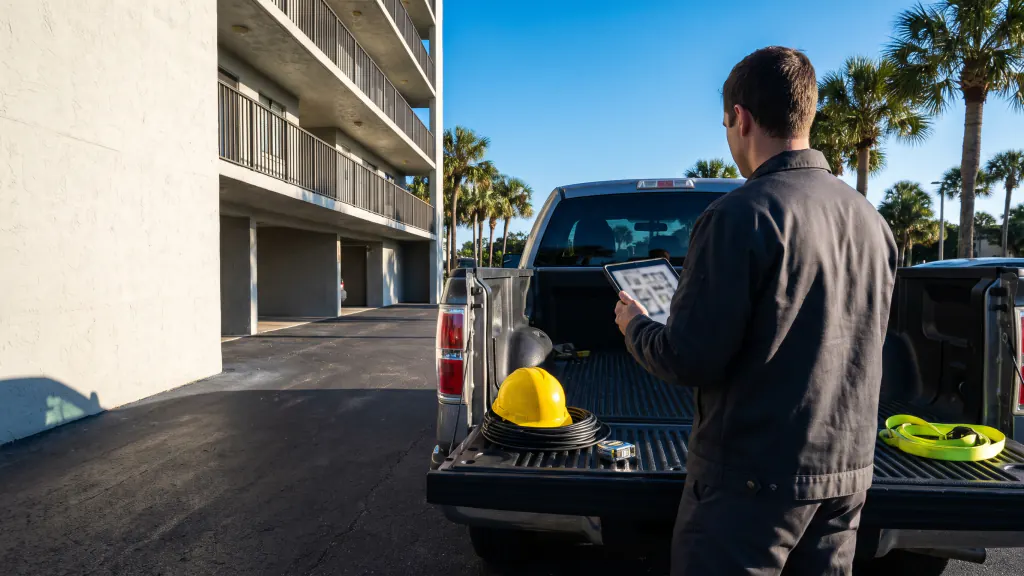 An installer reviews a job on a tablet at a pickup truck tailgate outside a condo building.