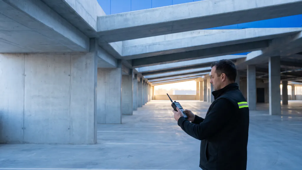 An installer surveys a parking garage with a handheld meter, columns receding behind.