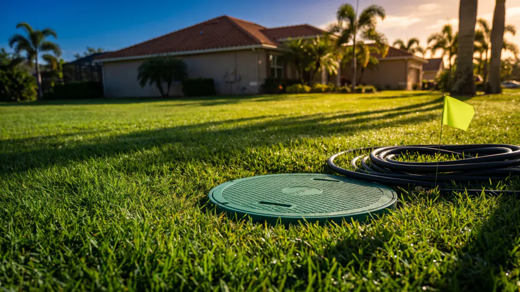 A green septic tank access lid in a backyard lawn with a service hose beside it.